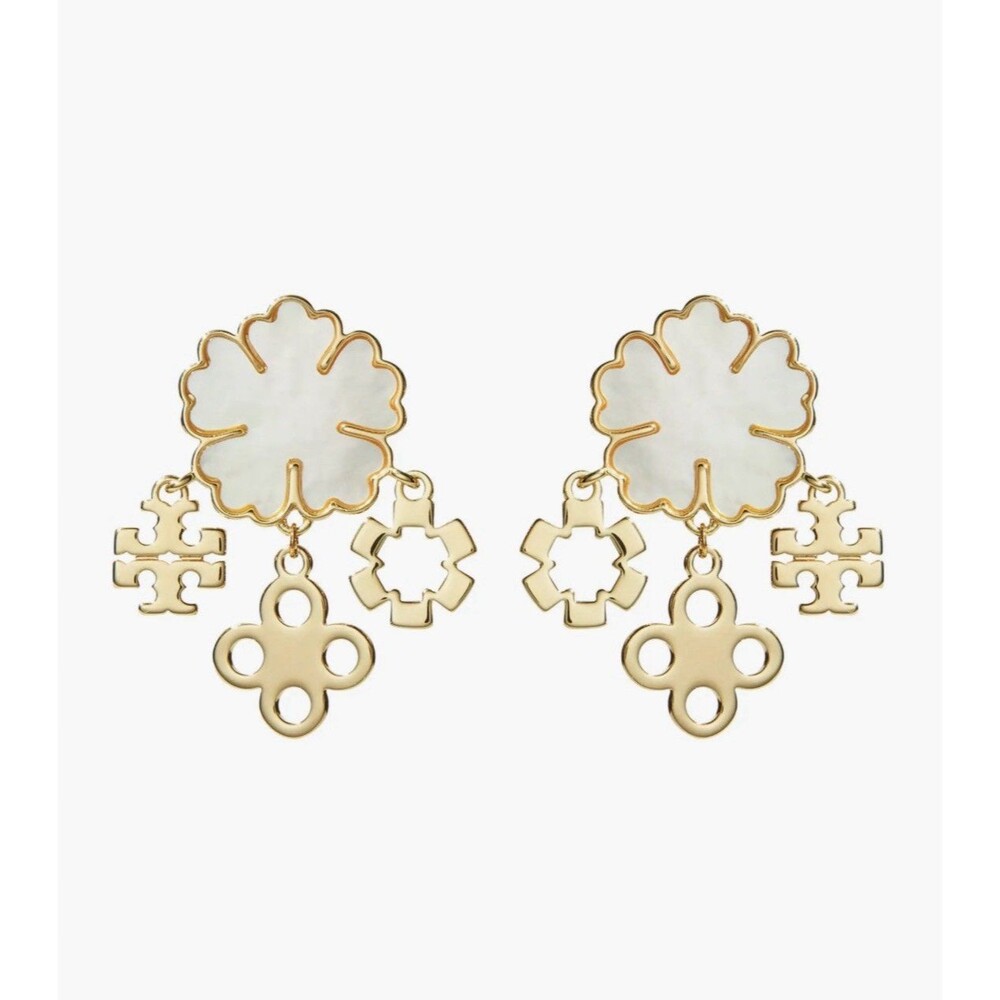 Tory Burch Clover Cluster Chandelier Mother of Pearl Earrings New Authentic
